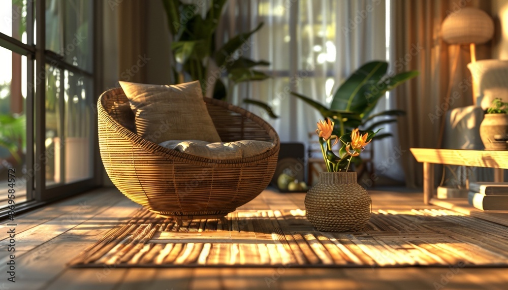 Inviting Modern Living Space Featuring Cozy Wicker Chair, Warm Ambient Light, Relaxing and Stylish Interior