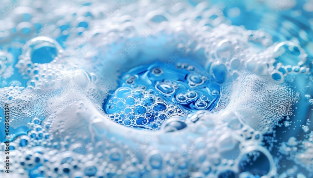 Blue Water Bubble Surrounded by White Soap Foam, Clean and Fresh, Abstract Composition, Close-Up View Blue Water Bubble Surrounded by White Soap Foam, Clean and Fresh, Abstract Composition, Close-Up View