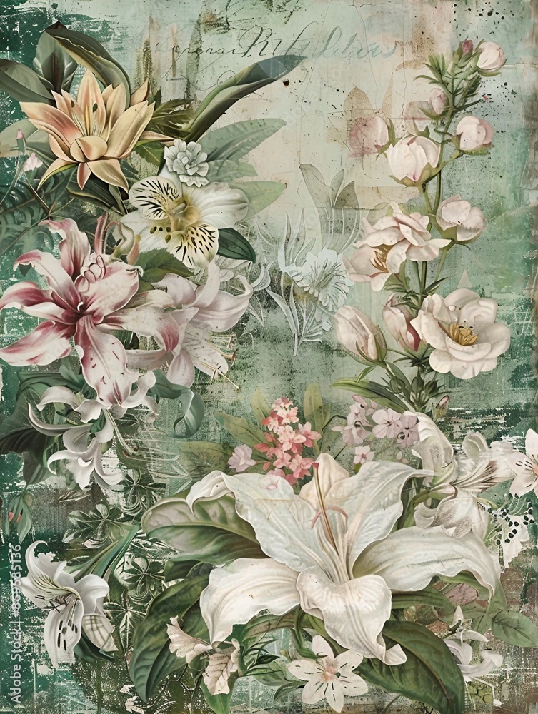 Vintage botanical collage featuring various flowers and leaves overlaid ...