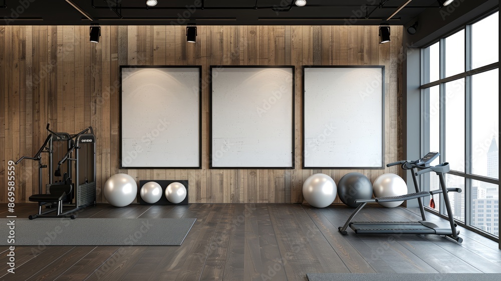 Stylish fitness interior with equipment and three mockup frames Stylish fitness interior with equipment and three mockup frames