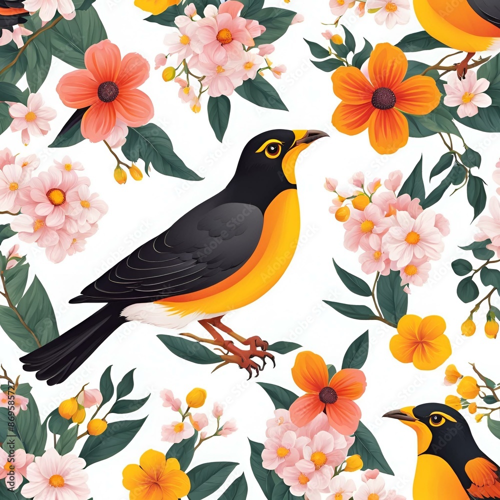 Myna and flowers, generative ai