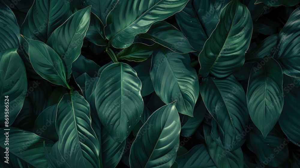 leaves of Spathiphyllum cannifolium in the garden, abstract green texture, nature dark tone background, tropical leaf leaves of Spathiphyllum cannifolium in the garden, abstract green texture, nature dark tone background, tropical leaf