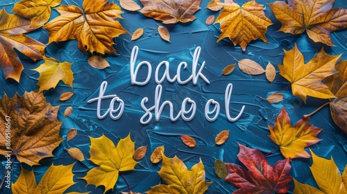 Autumn Leaves Surrounding Back to School Message on Blue Surface