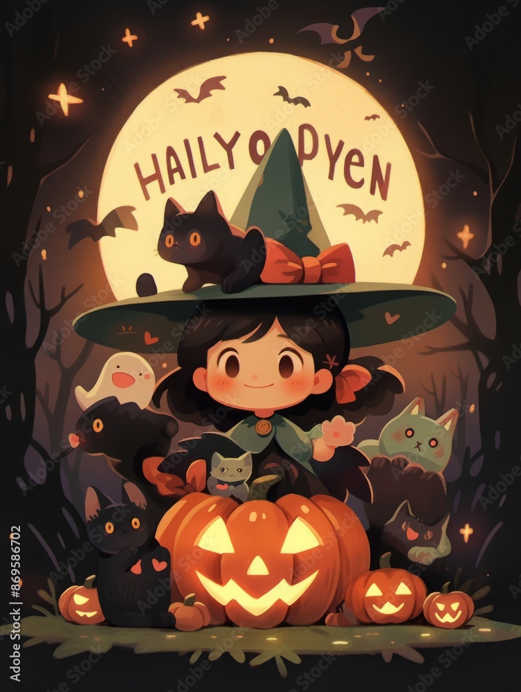 Spooktacular Halloween Greetings: A Cartoon Black Cat in a Witch Hat Atop a Carved Pumpkin