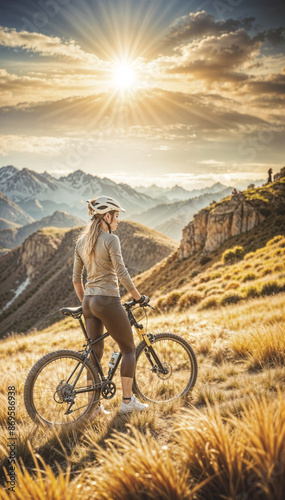 Wallpaper Mural young woman bicycling mountain trail scenic landscape mountains valleys snow capped peaks Torontodigital.ca