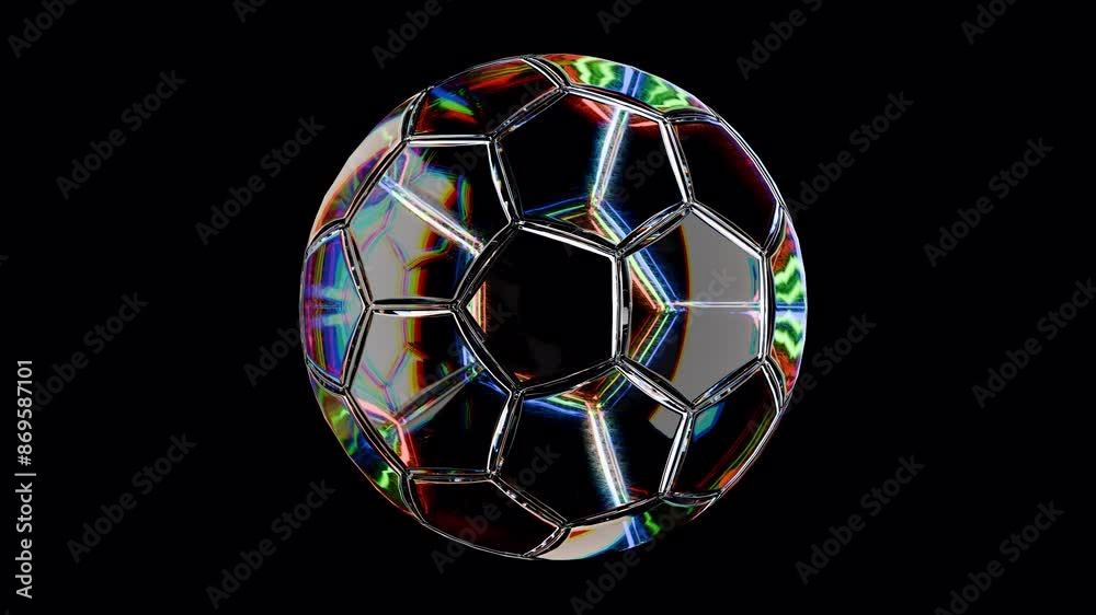 3D animation of a glass soccer ball rotating on its axis, beautifully refracting light rays like a prism. Perfect for sports, design, and promotional projects. High-quality, looped footage.