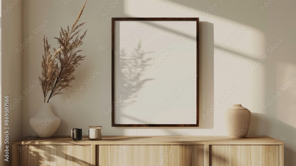 Frame mockup in contemporary minimalist beige room interior Frame mockup in contemporary minimalist beige room interior