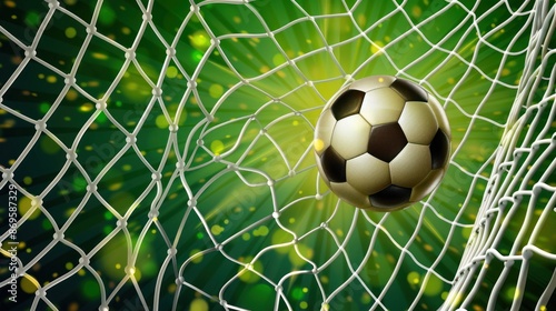 A soccer ball attached to the goal net behind the goal net.