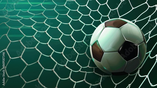 A soccer ball attached to the goal net behind the goal net.