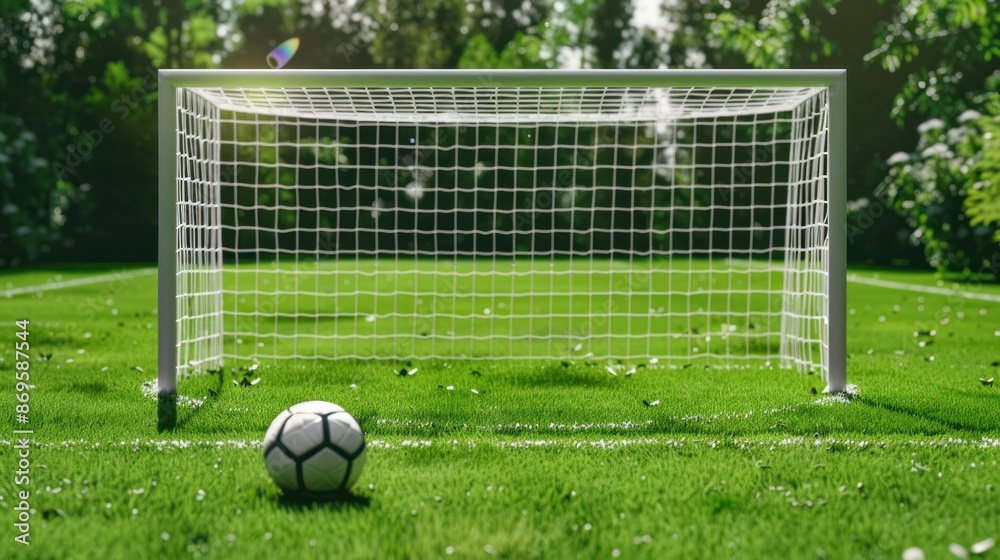Fototapeta premium green football field pictures Flat with goal posts, soccer goal, soccer ball