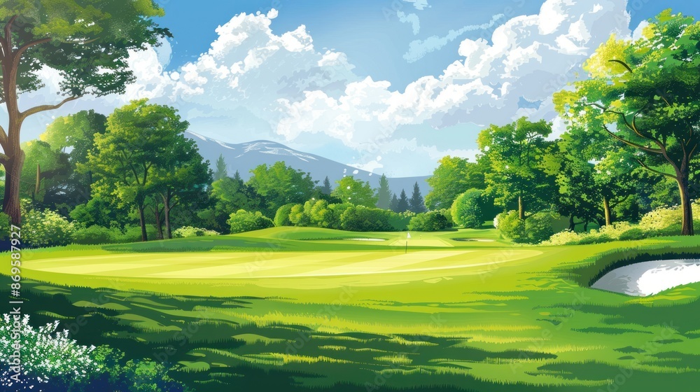 Fototapeta premium The golf course is quiet and surrounded by lush greenery and beautiful nature.