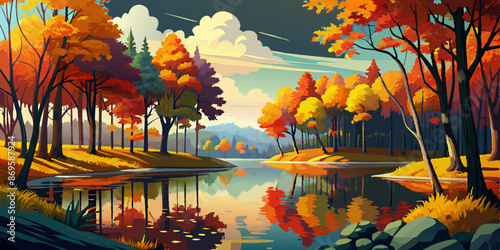 Beautiful autumn landscape with vibrant trees reflected in a calm lake under a partly cloudy sky.