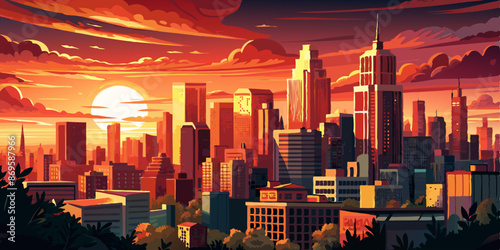 Majestic city skyline at sunset with skyscrapers bathed in warm light and dramatic clouds in the sky.