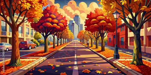 Autumnal city street with colorful trees, scattered leaves, parked cars, and a clear view of the distant skyline under a partly cloudy sky.