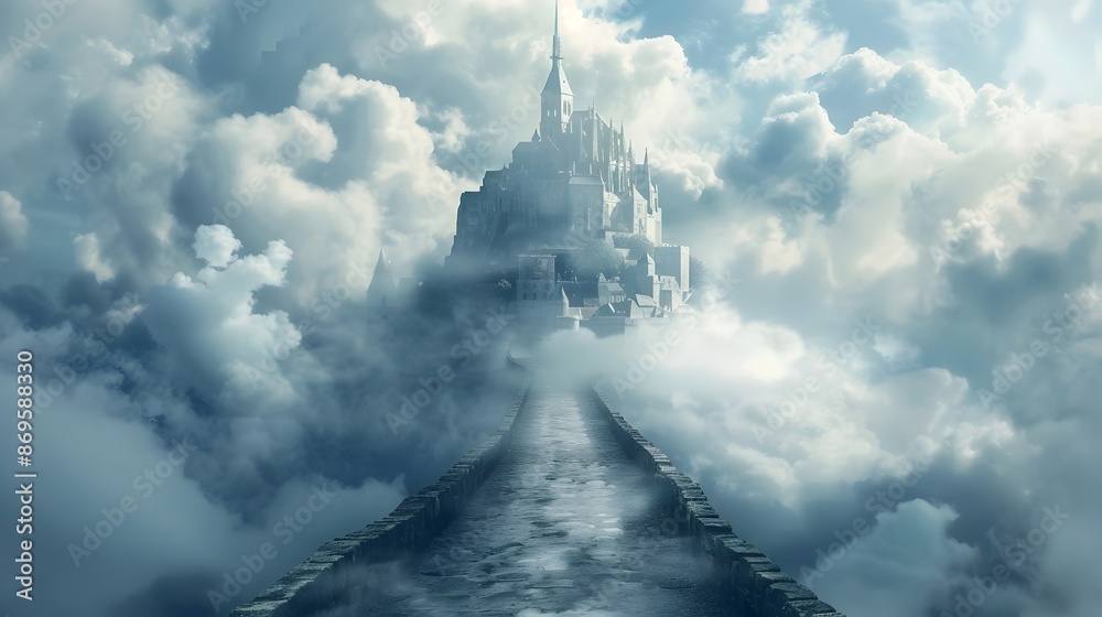 Fototapeta premium Visionary Road Through Cloudscape Leads to Floating Castle,Businessperson Ready for Conceptual
