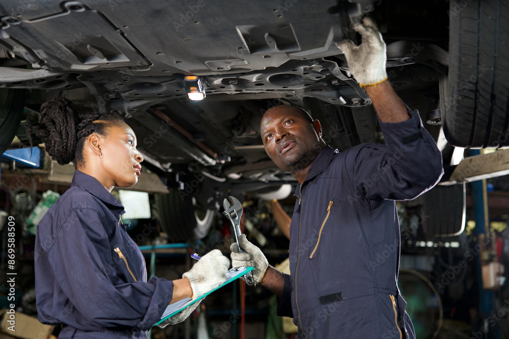 African mechanic workers fixing underneath car and talking about work in garage African mechanic workers fixing underneath car and talking about work in garage