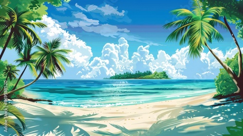 Pictures of white sand beaches, beautiful sea, and coconut trees.