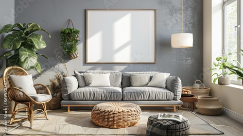 Grey home living room interior with relax place and decoration, mockup frame