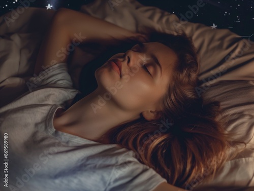 Woman fall asleep, insomnia a sleep problems. Concept of sleep routine and techniques for better sleep. Tired and exhausted lady in the middle of the night.
