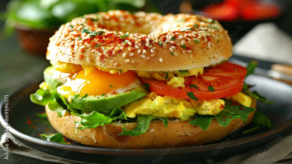 Bagel with Avocado and Egg: A breakfast bagel with mashed avocado, poached egg, various toppings, placed on a dark plate with a fork and napkin. Bagel with Avocado and Egg: A breakfast bagel with mashed avocado, poached egg, various toppings, placed on a dark plate with a fork and napkin.