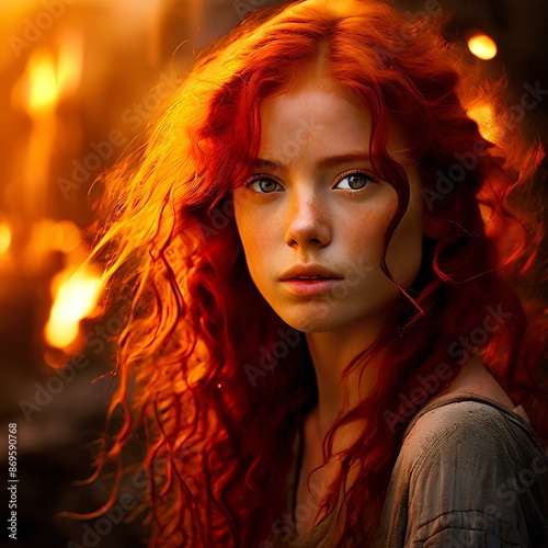 AI generated depiction of a serene girl with crimson hair and a background of flames inspired by the Reds from the Red Rising saga