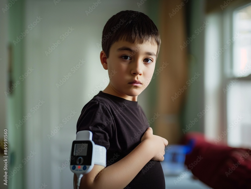 Picture of Diabetic boy wearing a continuous glucose monitoring sensor on his arm ...