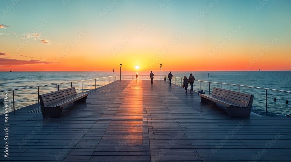 Obraz premium a pier with benches and people walking on it