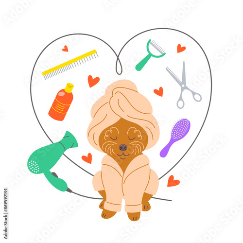 Pet grooming salon illustration with cute happy poodle dog in a bathrobe, towel and some groomer tools such as hair dryer, scissors, shampoo, brushes, all in heart shape. Adorable hand drawn doodle