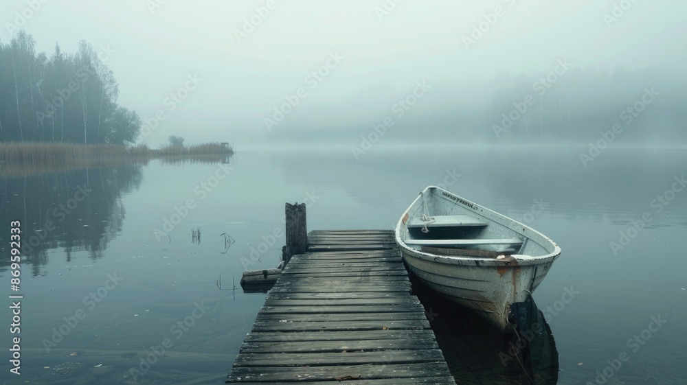 Foggy lake with wooden dock and empty rowboat in calm waters Foggy lake with wooden dock and empty rowboat in calm waters