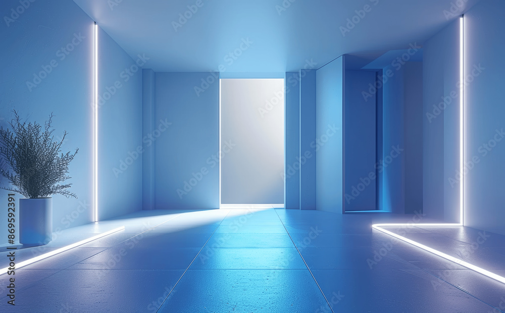 Minimalistic abstract blue room, glowing lines, product presentation backdrop, modern interior, 3D rendering, empty space Minimalistic abstract blue room, glowing lines, product presentation backdrop, modern interior, 3D rendering, empty space