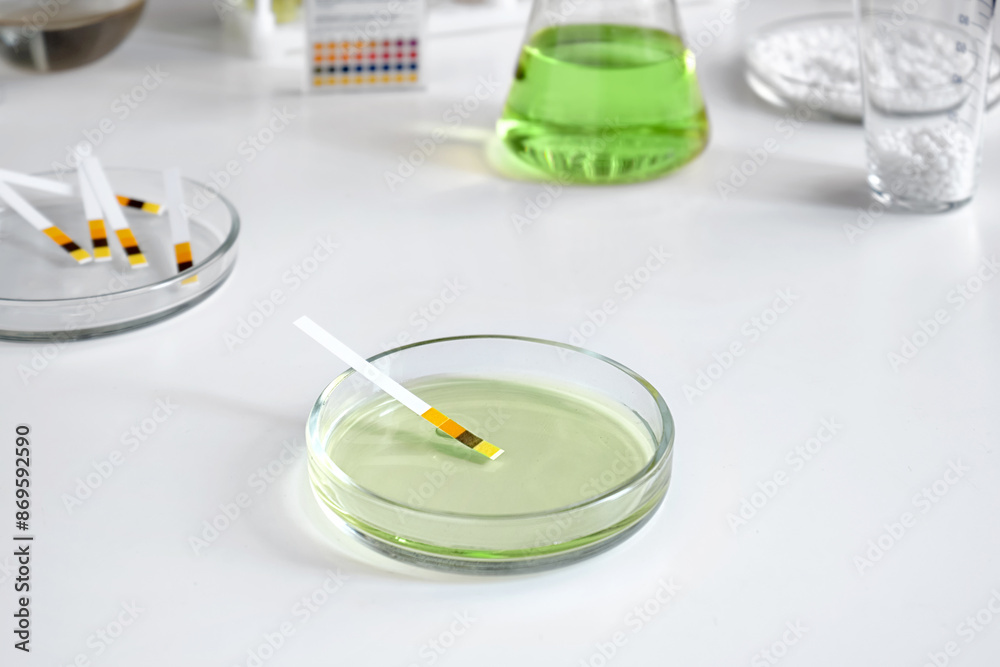 Close-up of a laboratory Petri dish with test paper for testing an alkaline acid solution against the background of chemical tools and glassware. Close-up of a laboratory Petri dish with test paper for testing an alkaline acid solution against the background of chemical tools and glassware.