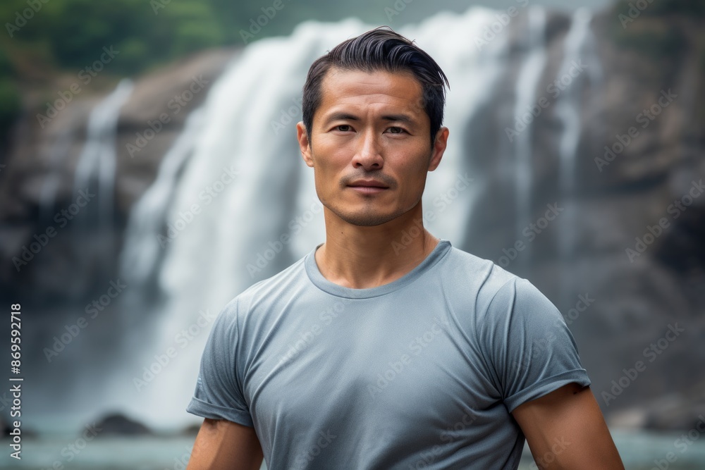 Portrait of a tender asian man in his 30s sporting a breathable hiking shirt over backdrop of a spectacular waterfall Portrait of a tender asian man in his 30s sporting a breathable hiking shirt over backdrop of a spectacular waterfall