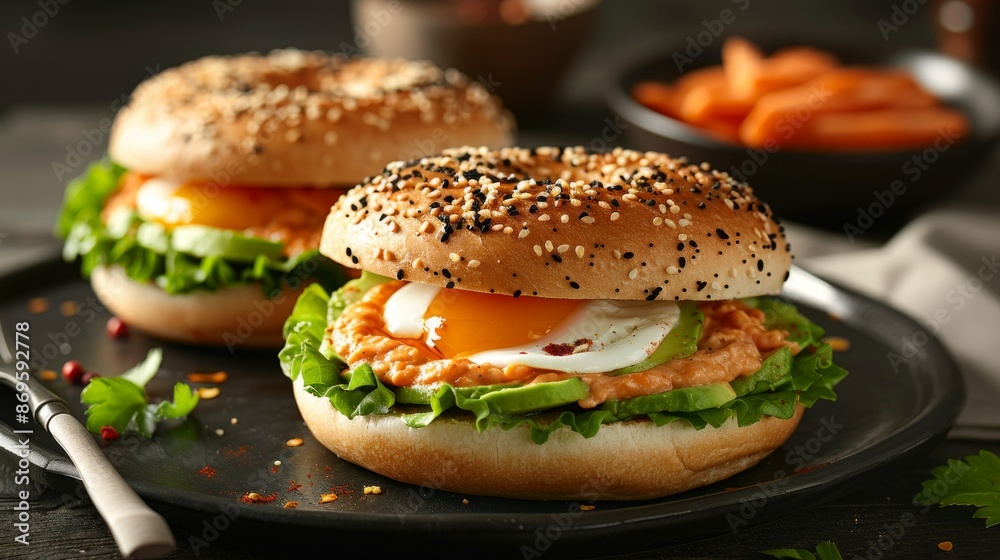 Bagel with Avocado and Egg: A breakfast bagel with mashed avocado, poached egg, various toppings, placed on a dark plate with a fork and napkin. Bagel with Avocado and Egg: A breakfast bagel with mashed avocado, poached egg, various toppings, placed on a dark plate with a fork and napkin.