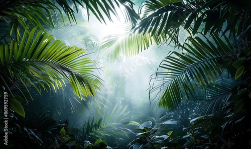 Fototapeta Naklejka Na Ścianę i Meble -  Tropical Rainforest Canopy with Misty Dawn Light, Cut Out