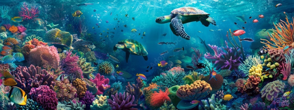 Fototapeta premium Underwater Oasis: A Super Wide Panorama of Coral Reefs and Thriving Marine Life