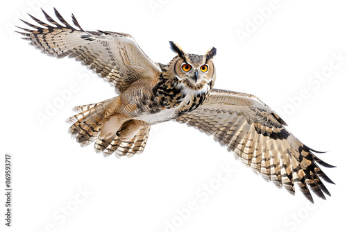 An isolated shot of a owl soaring on transparent background.