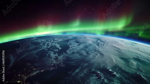 Northern lights, aurora, polar lights, view from Earth orbit