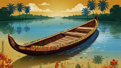 South Indian Festival Onam Boat at river on decorative