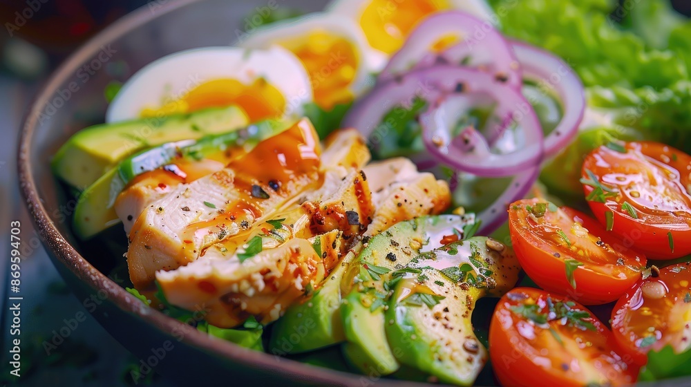 Healthy cobb salad with chicken, avocado, tomato, red onions and eggs. American food. Healthy cobb salad with chicken, avocado, tomato, red onions and eggs. American food.