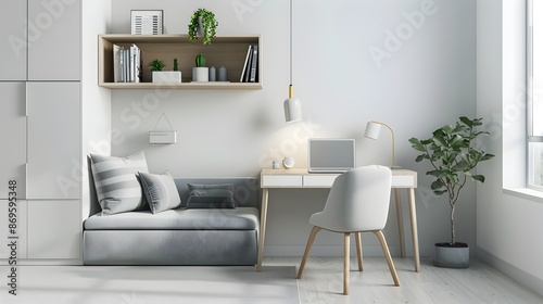 Minimalist and Efficient Teen Bedroom with Space Saving Furniture in 3D Render