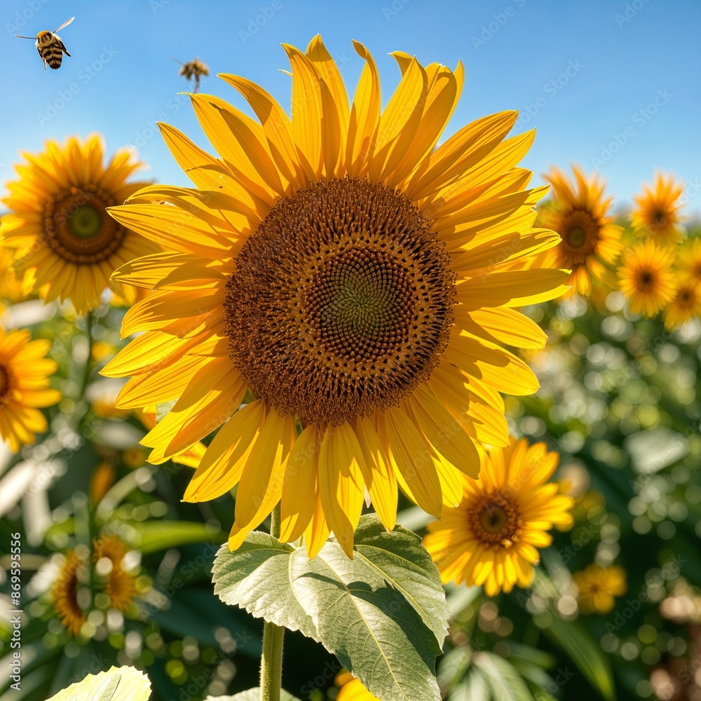 Obraz premium a large sunflower with a bee in the middle of it