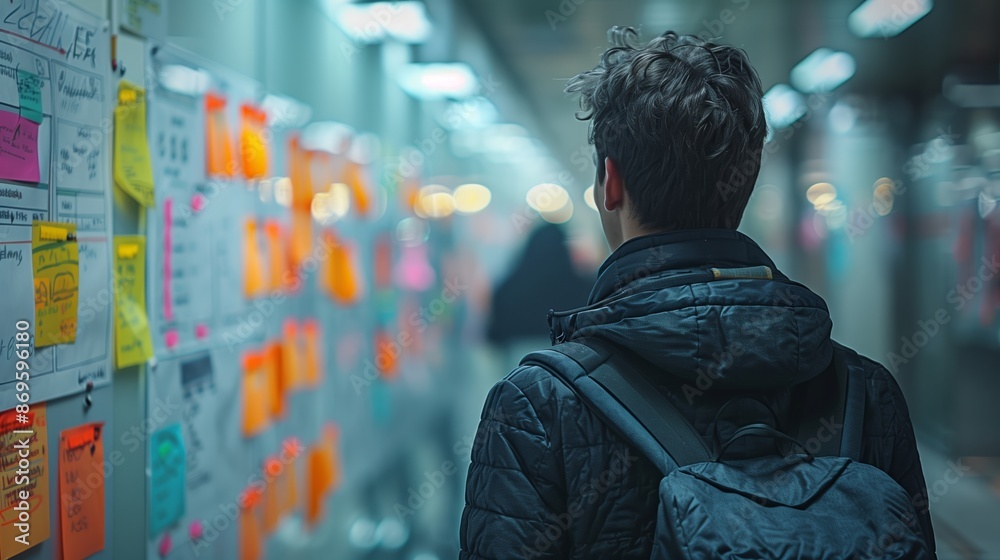 Fototapeta premium Young Man Walks Past a Wall Covered in Post-it Notes at Night