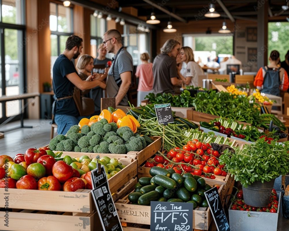a group of people shopping at a farmers market a group of people shopping at a farmers market