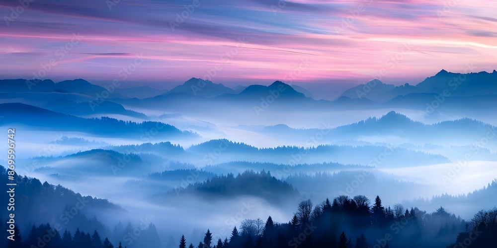 Fototapeta premium Captivating Sunrise Landscape with Colorful Sky, Foggy Mountains, and Forest. Concept Spectacular Sunrise Landscapes, Colorful Skies, Foggy Mountains Exploration