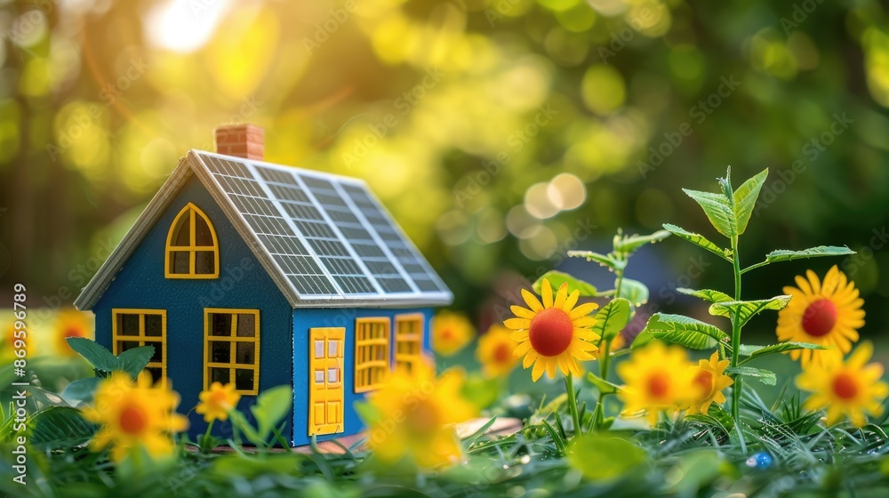 Miniature house with solar panels in a vibrant garden with bright yellow flowers and lush greenery under a sunny sky. Miniature house with solar panels in a vibrant garden with bright yellow flowers and lush greenery under a sunny sky.