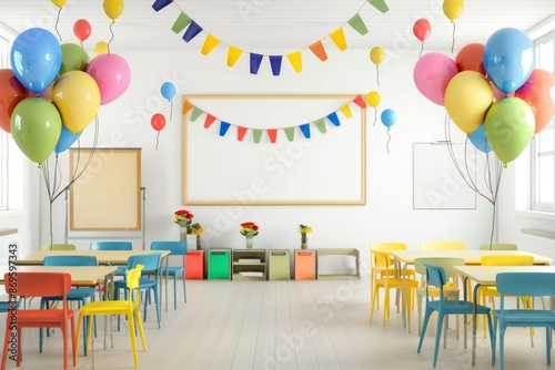 A colorful and lively classroom setting, ready to welcome students on their first day back to school. The room is filled with balloons and vibrant decorations, creating a joyful atmosphere.