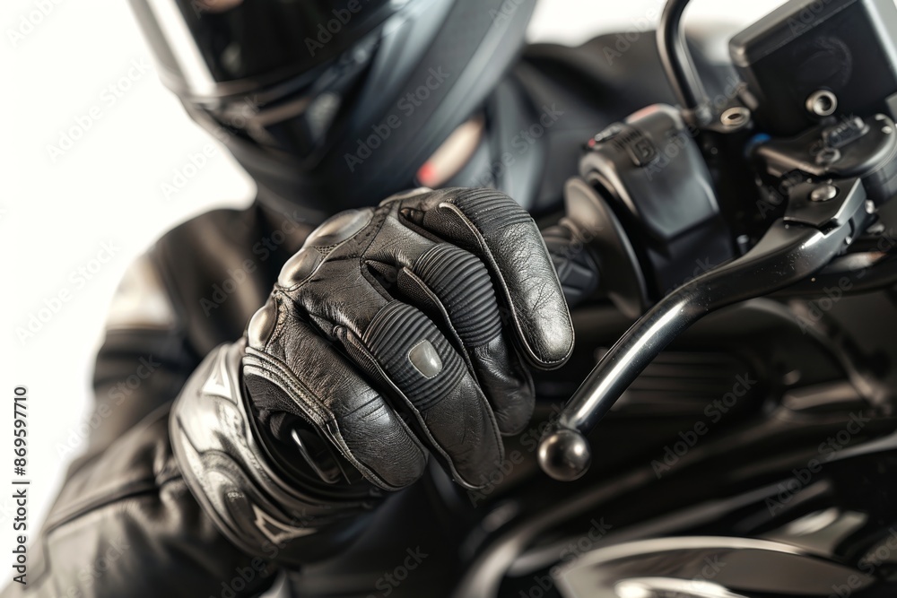 Detail of a biker's leather gloves and a motorcycle helmet. Detail of a biker's leather gloves and a motorcycle helmet.