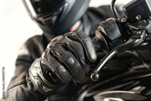 Detail of a biker's leather gloves and a motorcycle helmet. 