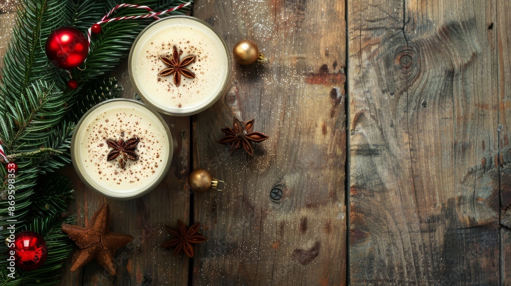 eggnog , Christmas themed, laying on a wooden table, desktop or website background eggnog , Christmas themed, laying on a wooden table, desktop or website background