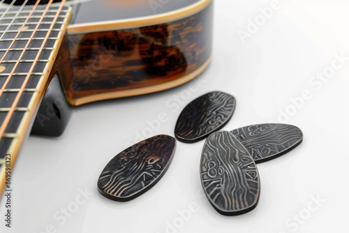 A detailed shot of an acoustic guitar and guitar picks on a clean white background, highlighting the instrument's intricate details. Perfect for music enthusiasts and guitarists. photo